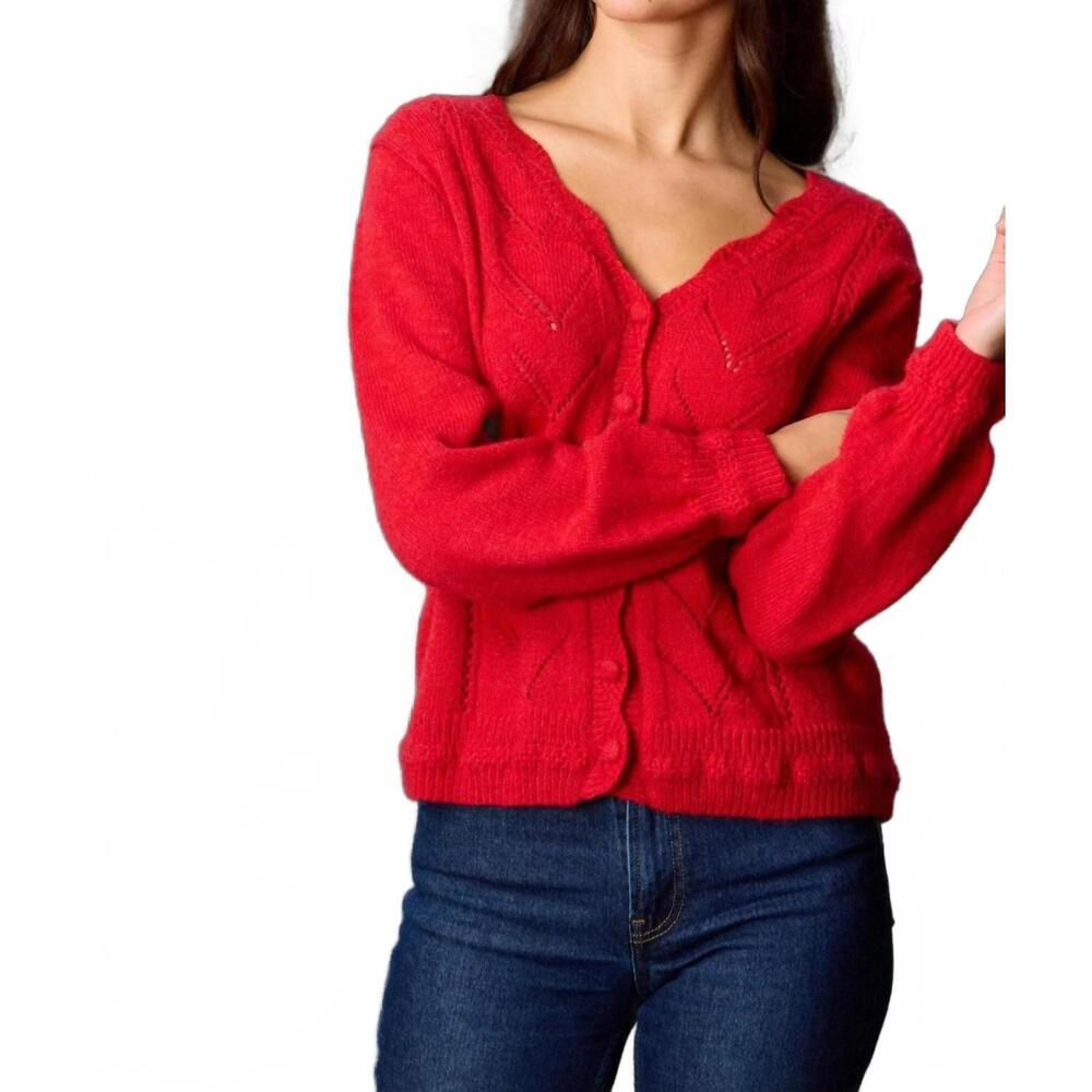 NEW BEFORE YOU long sleeve button down wave edge cardigan in red